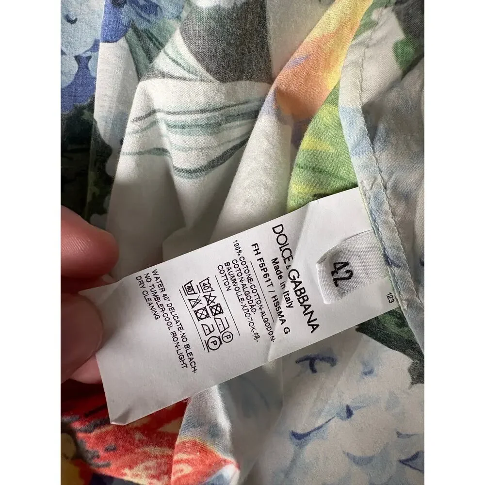 Dolce & Gabbana Tropical Floral Print Shirt Tie Front Hydrangea Size 42